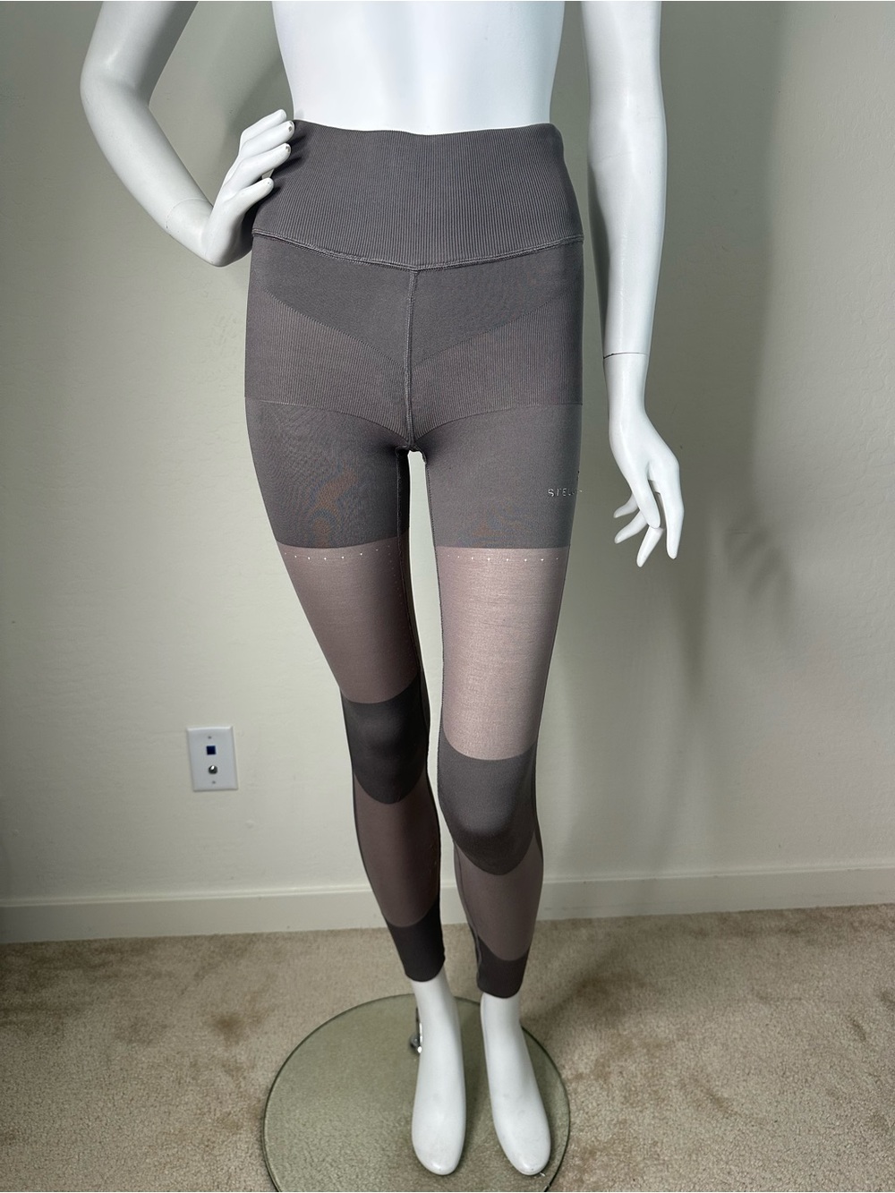 ADIDAS STELLA MCCARTNEY GREY/MOCHA SHEER PANEL HIGH WAISTED ATHLETIC LEGGINGS S